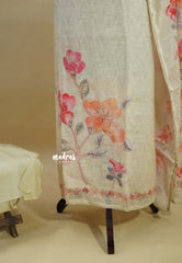 Amitha – Beige Sandal Premium linen Salwar Suit with Floral Digital Prints + Hand-Stitched Embroidery