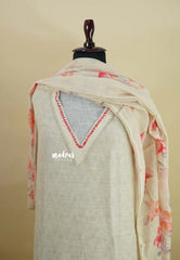 Amitha – Beige Sandal Premium linen Salwar Suit with Floral Digital Prints + Hand-Stitched Embroidery