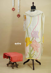 Amitha – Beige Premium linen Salwar Suit with Floral Digital Prints + Hand-Stitched Embroidery