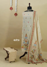 Amitha – Ivory Beige Premium linen Salwar Suit with tree Prints + Hand-Stitched Embroidery