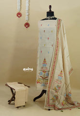 Amitha – Ivory Beige Premium linen Salwar Suit with tree Prints + Hand-Stitched Embroidery
