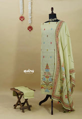 Amitha – Pastel Lemon Premium linen Salwar Suit with tree Prints + Hand-Stitched Embroidery