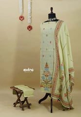 Amitha – Pastel Lemon Premium linen Salwar Suit with tree Prints + Hand-Stitched Embroidery