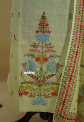 Amitha – Pastel Lemon Premium linen Salwar Suit with tree Prints + Hand-Stitched Embroidery