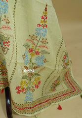 Amitha – Pastel Lemon Premium linen Salwar Suit with tree Prints + Hand-Stitched Embroidery