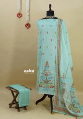 Amitha – Mint Blue Premium linen Salwar Suit with tree Prints + Hand-Stitched Embroidery