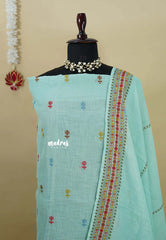 Amitha – Mint Blue Premium linen Salwar Suit with tree Prints + Hand-Stitched Embroidery