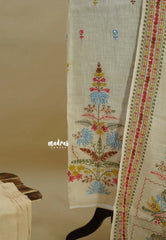 Amitha – Ivory Beige Premium linen Salwar Suit with tree Prints + Hand-Stitched Embroidery