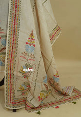 Amitha – Ivory Beige Premium linen Salwar Suit with tree Prints + Hand-Stitched Embroidery