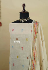 Amitha – Ivory Beige Premium linen Salwar Suit with tree Prints + Hand-Stitched Embroidery