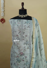 Amitha – Pastel Muted Blue Premium linen Salwar Suit with Floral Digital Prints + Hand-Stitched Embroidery