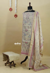 Amitha – Beige Sandal Premium linen Salwar Suit with Floral Digital Prints + Hand-Stitched Embroidery