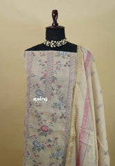 Amitha – Beige Sandal Premium linen Salwar Suit with Floral Digital Prints + Hand-Stitched Embroidery