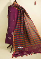 Amitha – Plum color Pure organic linen set with hand weaved floral motif only top and dupatta
