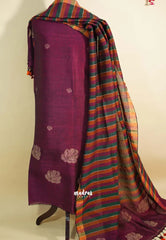 Amitha – Plum color Pure organic linen set with hand weaved floral motif only top and dupatta