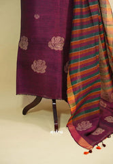 Amitha – Plum color Pure organic linen set with hand weaved floral motif only top and dupatta
