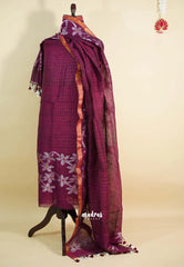 Amitha – Wine red Pure organic linen set with hand weaved silver floral motif only top and dupatta