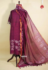 Amitha – Wine red Pure organic linen set with hand weaved silver floral motif only top and dupatta