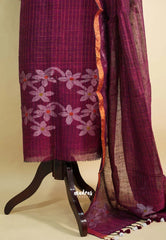 Amitha – Wine red Pure organic linen set with hand weaved silver floral motif only top and dupatta