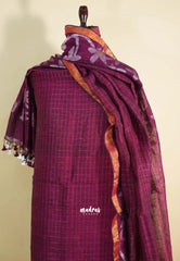 Amitha – Wine red Pure organic linen set with hand weaved silver floral motif only top and dupatta