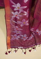 Amitha – Wine red Pure organic linen set with hand weaved silver floral motif only top and dupatta