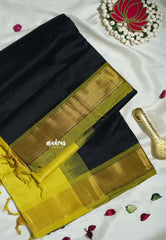 Jet Black - Mookuthi Amman Plain Silk Cotton Getti Border with Contrast Pallu and Blouse - Perfect for Wedding Functions