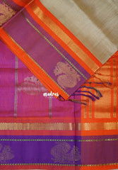 Beige Taupe - Meenakshi - Light Weight Pure Silk Cotton Saree Mayil Gap Border Contrast Pallu and Blouse - Perfect for Wedding Functions
