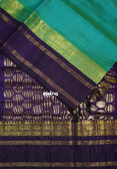 Dual Shade Blue Green - Meenakshi - Light Weight Pure Silk Cotton Saree Muthu KattamBody Rudraksham and Rettapet Border Contrast Pallu and Blouse - Perfect for Wedding Functions