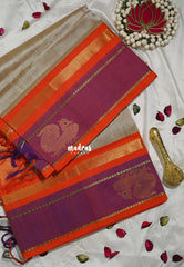 Beige Taupe - Meenakshi - Light Weight Pure Silk Cotton Saree Mayil Gap Border Contrast Pallu and Blouse - Perfect for Wedding Functions