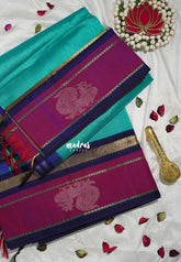 Turquoise Blue - Meenakshi - Light Weight Pure Silk Cotton Saree Mayil Gap Border Contrast Pallu and Blouse - Perfect for Wedding Functions