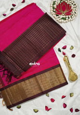 Fuchsia Pink - Meenakshi - Light Weight Pure Silk Cotton Saree One Side Big Kattam Border Contrast Pallu and Blouse - Perfect for Wedding Functions