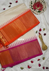 Creamy Ivory Venpattu - Meenakshi - Light Weight Pure Silk Cotton Saree with Getti Ganga Jamuna Border Contrast Pallu and Blouse - Perfect for Wedding Functions