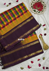 Multicolor with Dark Jamun Purple Border - Meenakshi - Light Weight Pure Silk Cotton Saree Vintage Small Paalum Pazhamum Madras Checks with Rettapet Rudraksham Border and Zari Checks - Perfect for Wedding Functions