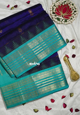 Midnight Blue - Meenakshi - Light Weight Pure Silk Cotton Saree with Multi Line Rudraksham,Temple Border Contrast Pallu and Blouse - Perfect for Wedding Functions