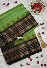 Muted Parrot Green - Meenakshi - Light Weight Pure Silk Cotton Saree with MultiLine Rudraksham,Temple Border Contrast Pallu and Blouse - Perfect for Wedding Functions