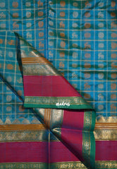 Dual Shade Teal Blue - Meenakshi - Light Weight Pure Silk Cotton Saree Checks with Thousand Buttas and Rettapet Rudraksham Border - Perfect for Wedding Functions