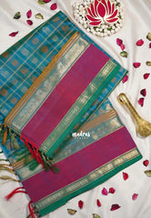 Dual Shade Teal Blue - Meenakshi - Light Weight Pure Silk Cotton Saree Checks with Thousand Buttas and Rettapet Rudraksham Border - Perfect for Wedding Functions