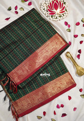 Bottle Green - Meenakshi - Light Weight Pure Silk Cotton Saree Laksham Buttas in Checks Body with Mayil Border - Perfect for Wedding Functions