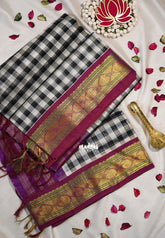 Black and White - Meenakshi - Light Weight Pure Silk Cotton Saree Checks Weaving with Mango Border Contrast Pallu and Blouse - Perfect for Wedding Functions