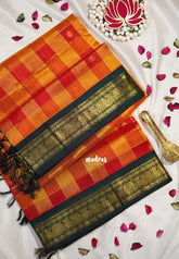 Orange and Red - Meenakshi - Light Weight Pure Silk Cotton Saree Vintage Paalum Pazhamum Checks with Mayil Border and Buttas - Perfect for Wedding Functions