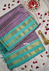 Purple and White - Meenakshi - Light Weight Pure Silk Cotton Saree Micro Checks with Mayil, Rudraksham Border Contrast Pallu and Blouse - Perfect for Wedding Functions