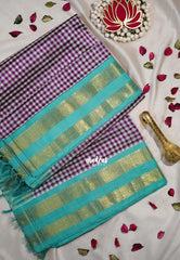Purple and White - Meenakshi - Light Weight Pure Silk Cotton Saree Micro Checks with Mayil, Rudraksham Border Contrast Pallu and Blouse - Perfect for Wedding Functions