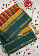 Vintage Paalum Pazhamum Madras Checks Multicolor with Dark Green Border - Meenakshi - Light Weight Pure Silk Cotton Saree with Rettapet Rudraksham Border and Zari Checks - Perfect for Wedding Functions