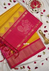 Mango Yellow - Meenakshi - Light Weight Pure Silk Cotton Saree Muthu Kattam Rettapet Rudraksham with Mayil Border Contrast Pallu and Blouse - Perfect for Wedding Functions