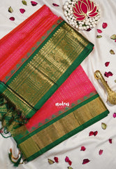 Dual Shade Candy Peach Pink - Meenakshi - Light Weight Pure Silk Cotton Saree Laksham Buttas in Checks Body with Yanai Border - Perfect for Wedding Functions