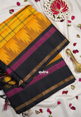 Mango Yellow - Meenakshi - Pure Silk Cotton Saree Checks with Temple Weaving Border Contrast Pallu and Blouse - Perfect for Wedding Functions