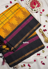 Mango Yellow - Meenakshi - Pure Silk Cotton Saree Checks with Temple Weaving Border Contrast Pallu and Blouse - Perfect for Wedding Functions