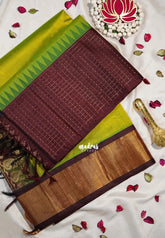 Shiny Sap Green - Meenakshi - Light Weight Pure Silk Cotton Saree One Side Big Kattam Border Contrast Pallu and Blouse - Perfect for Wedding Functions
