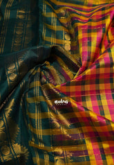Vintage Paalum Pazhamum Madras Checks Multicolor with Dark Green Border - Meenakshi - Light Weight Pure Silk Cotton Saree with Rettapet Rudraksham Border and Zari Checks - Perfect for Wedding Functions