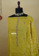 Amitha – Greenish Yellow Tissue Linen Salwar Suit with Birds Digital Prints & Hand Embroidery